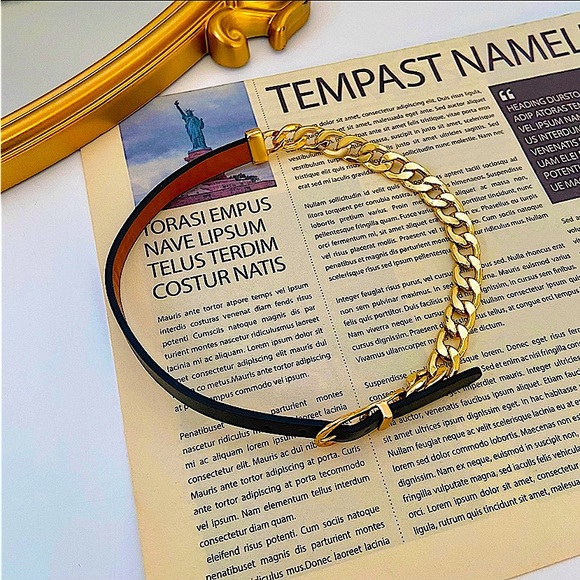 Gold Buckle Cuban Chain Link Leather Choker - Picture 9 of 11